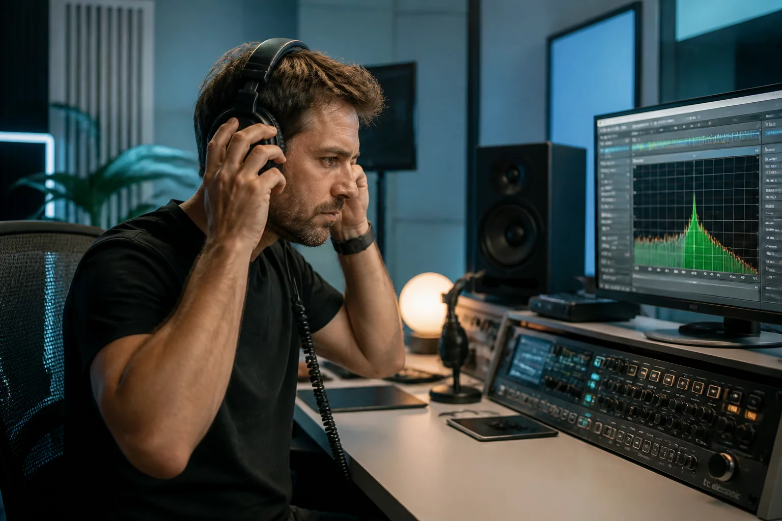Acoustic sound engineer calibrating studio headphones in an Australian audio design lab